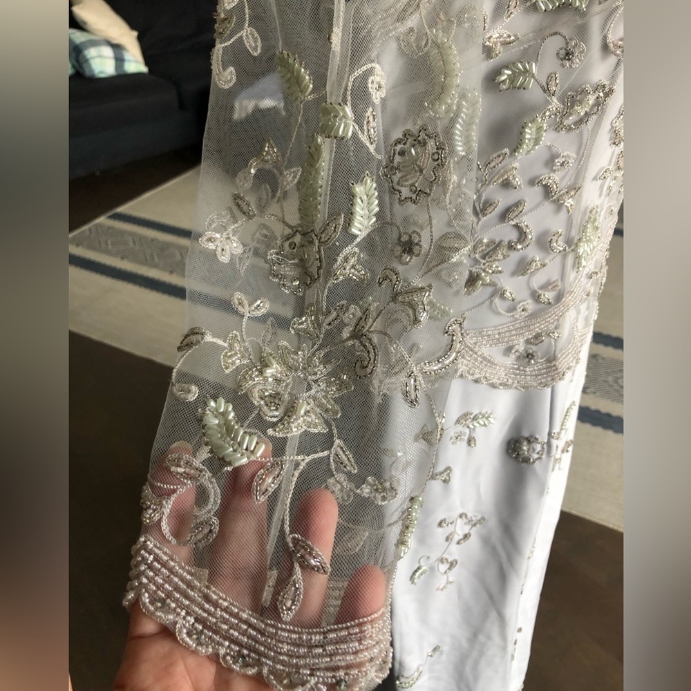 Montage Mon Cheri Gown Baby Blue Light Gray Long Sleeve Beaded Illusion MOB - Picture 9 of 17